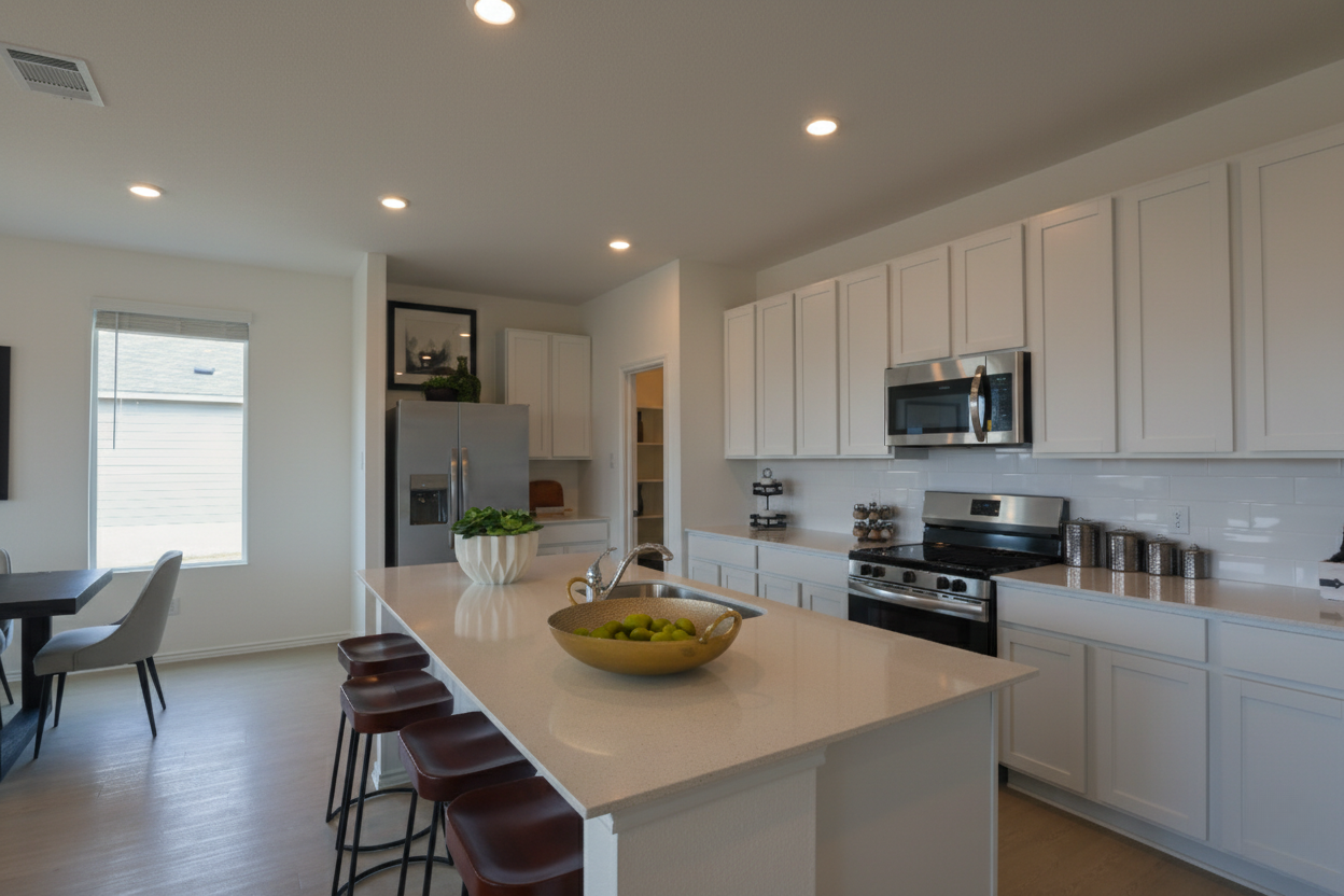 Modern kitchen with white cabinets, stainless steel appliances, and a large central island with a bowl of limes.