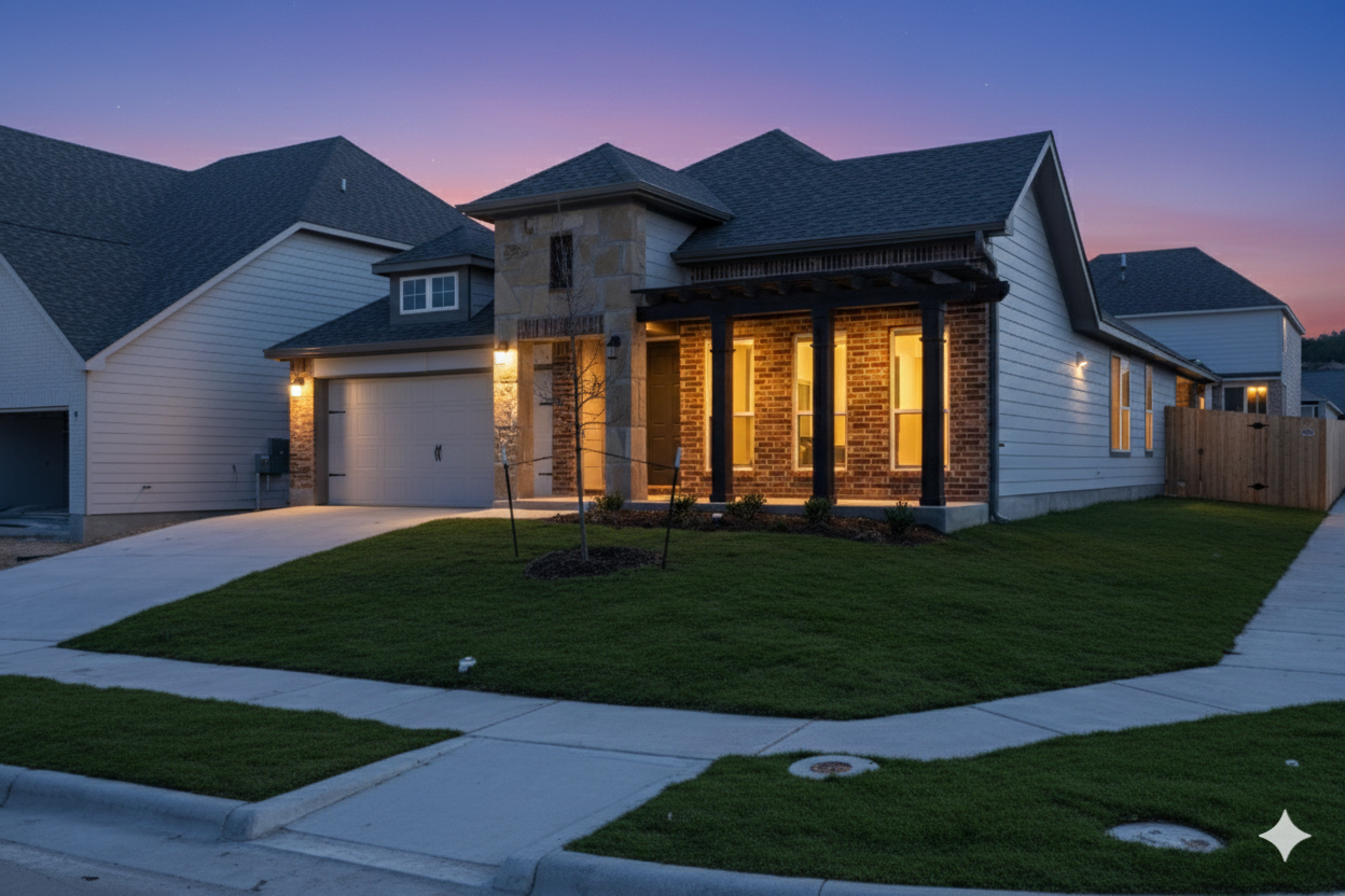 Twilight real estate photography of a newly built 1,500 sq ft home in Central Texas, featuring professional exterior lighting across Austin, Round Rock, Georgetown, Killeen, Temple, and Waco - Focus Point Media Premium Add-Ons..