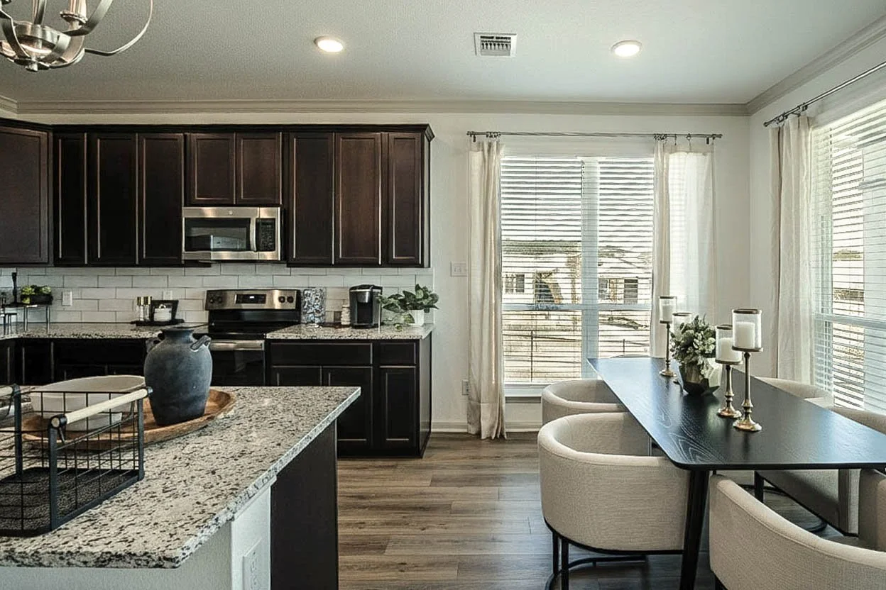 Professional real estate photography of a kitchen with beautiful wood cabinets and ample natural light, overlooking the dining room. High-resolution interior shot for Central Texas listings in Austin, Round Rock, Georgetown, Killeen, Temple, and Waco