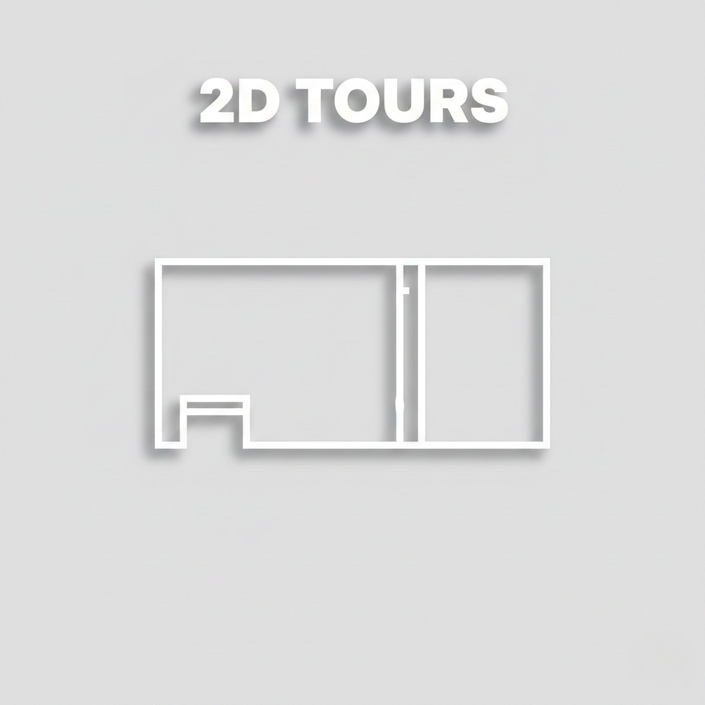"Minimalist real estate 2D Tours thumbnail with a white line-art floorplan icon on a light gray background."