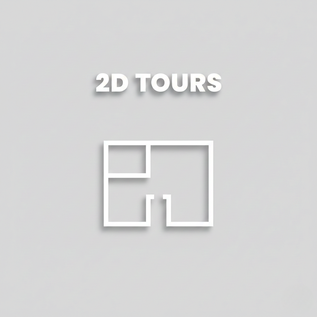 "Minimalist real estate 2D Tours thumbnail with a white line-art floorplan icon on a light gray background."