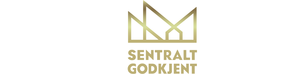 Logo med en stilisert bygningssilhuett i gull og teksten «SENTRALT GODKJENT» under.
