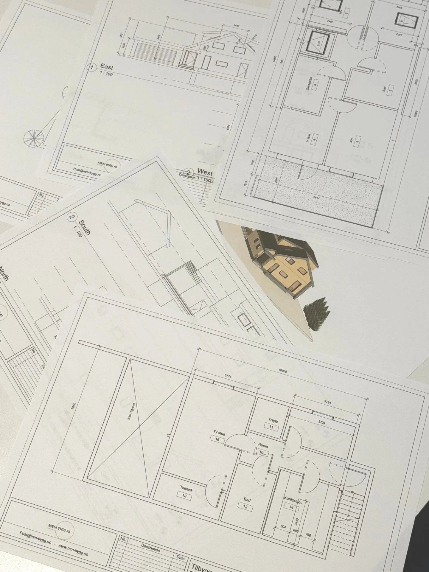 Disse er arkitektoniske tegninger av bygninger, som inkluderer plantegninger, snitt, og 3D-modell av et hus.