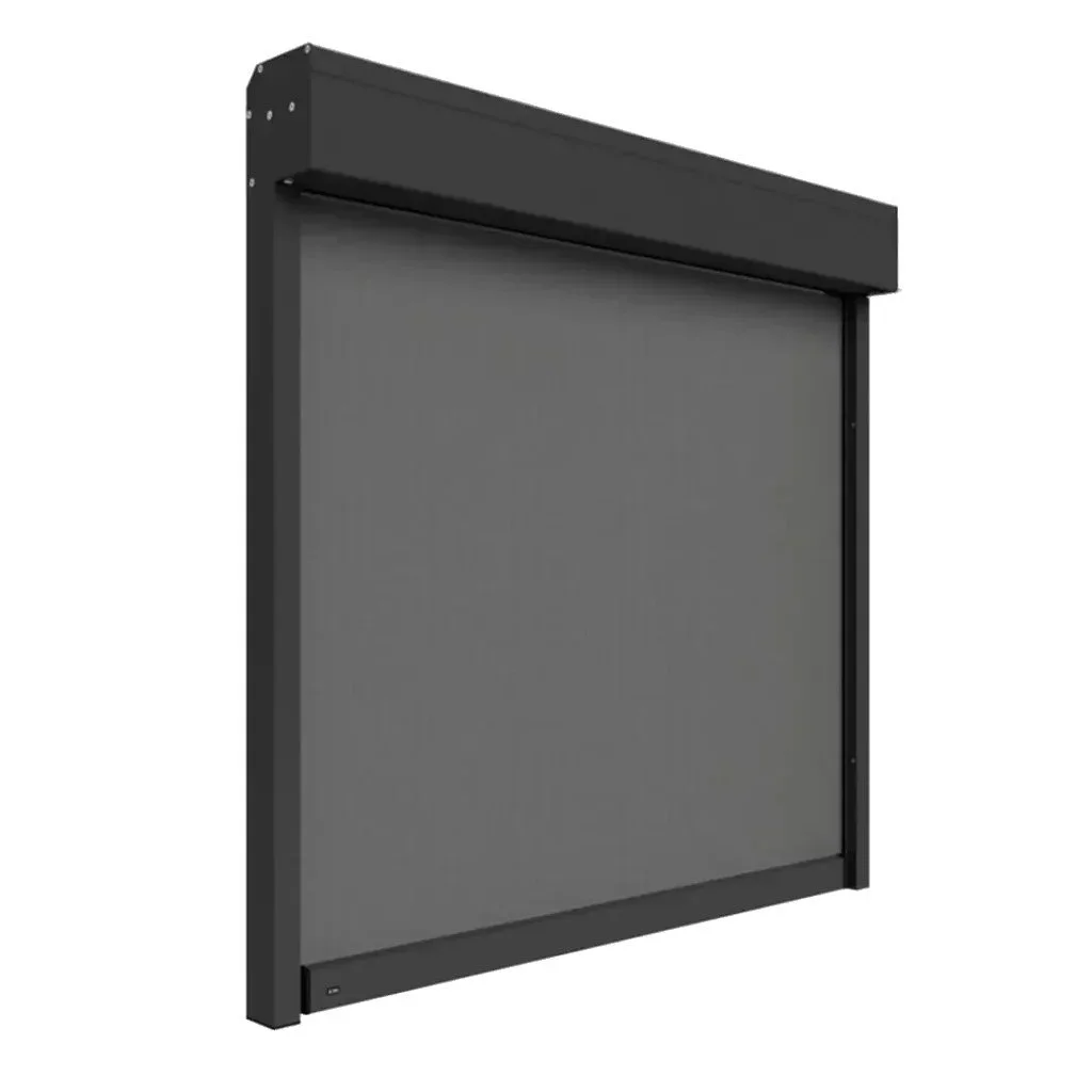 Sort og grå automatisert skodde for vindu eller dør.