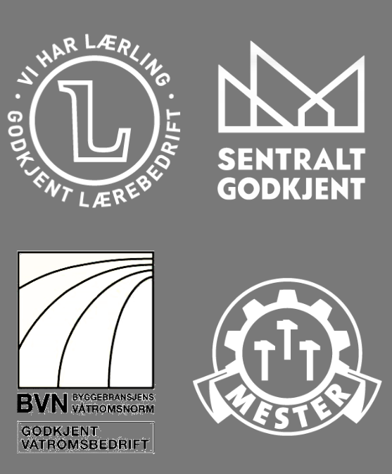 Fire logoer for læring, godkjenning, byggebransjen og fagarbeidere. En med L for læring, en med geometriske former og teksten 'Sentral Godkjent', en med kurvede linjer og teksten 'BVN Byggebransjens Vatromsorm', og en med hammere og gir illustrert innen en tannhjul som sier 'Mester'.