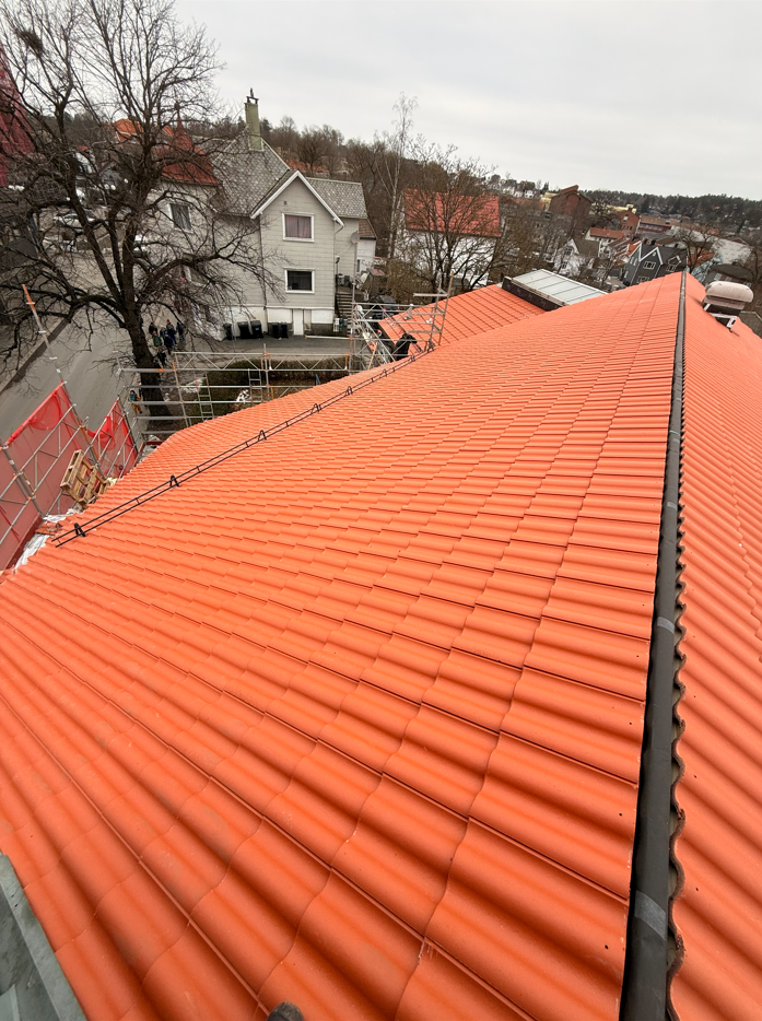 Fargede takstein på taket av et hvitt hus sett ovenfra, med andre hus og trær i bakgrunnen.