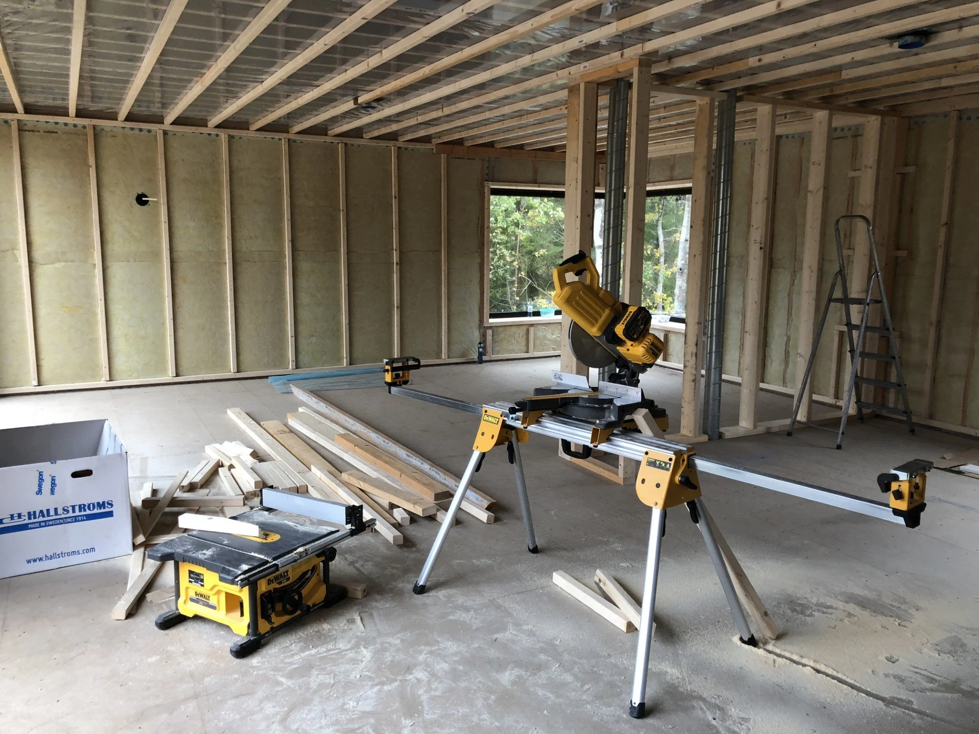 Innendørs byggarbeid med figurer av en arbeidsstasjon med sirkel- og skilletav.