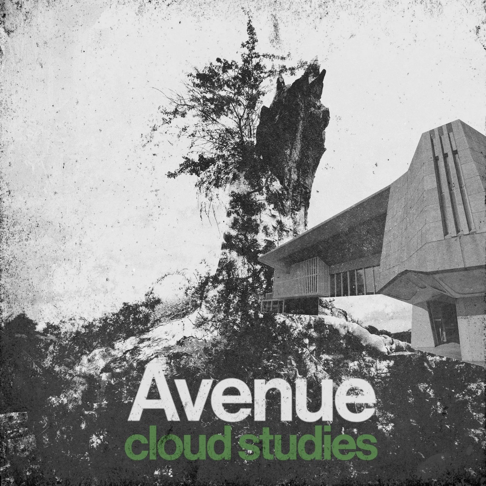 Black and white image of dead trees and brutalist architecture