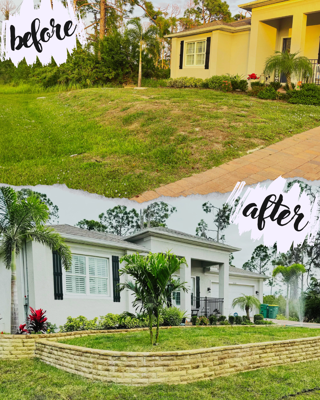 Before and after comparison of a front yard makeover. The top image shows a sparsely landscaped area with patchy grass outside a yellow house. The bottom image displays a well-maintained garden with lush grass, a stone retaining wall, small palm tree