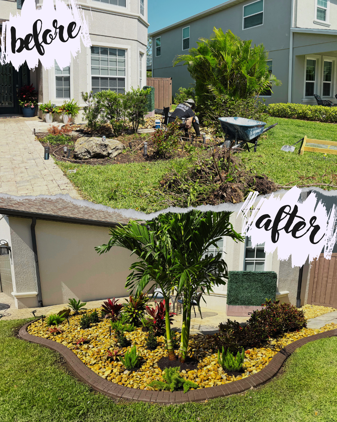 Before and after comparison of a front yard landscaping project. The "before" image shows an unfinished garden area with sparse plants and tools, while the "after" image displays a completed landscape with decorative rocks, lush greenery, and clean b