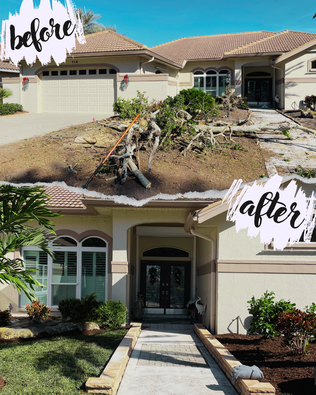 Before and after images of house exterior landscaping transformation featuring trimmed bushes and added pathway.