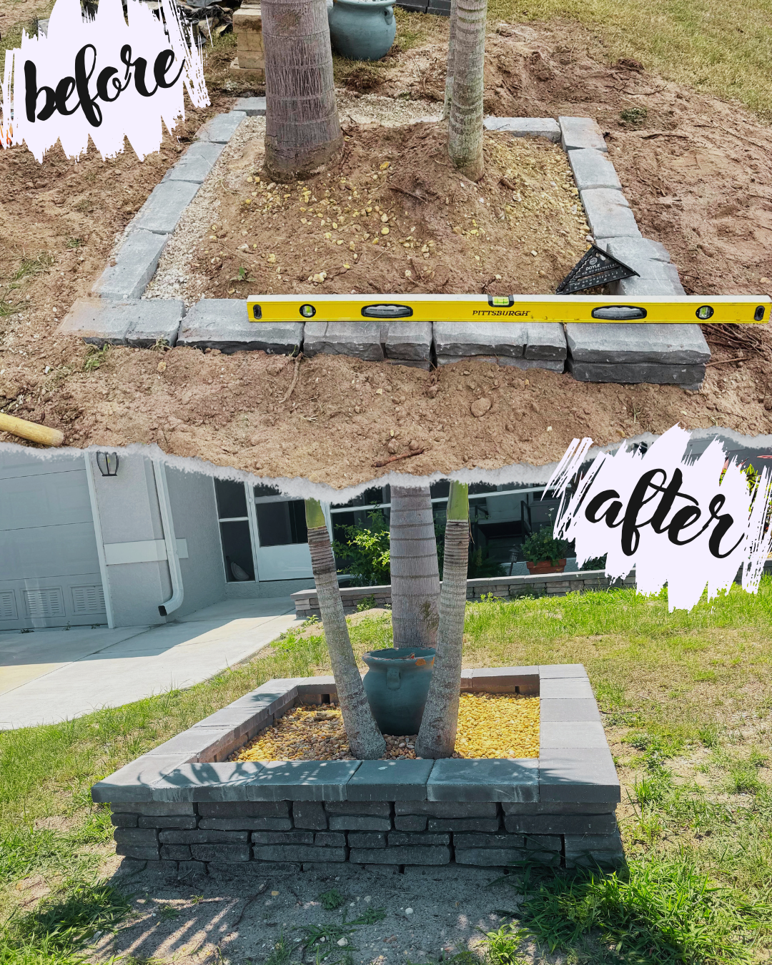 A before and after image of a tree planting area. The before image shows an unorganized dirt area with a leveled tool and paving stones arranged in a square around a tree. The after image displays a completed raised bed with neatly stacked bricks, su