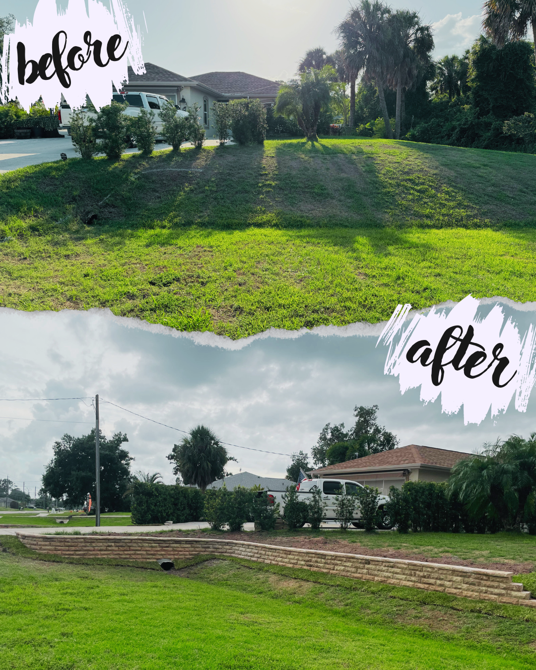 Before and after comparison of a residential property showing landscaping improvement with a new retaining wall and leveled grass area.