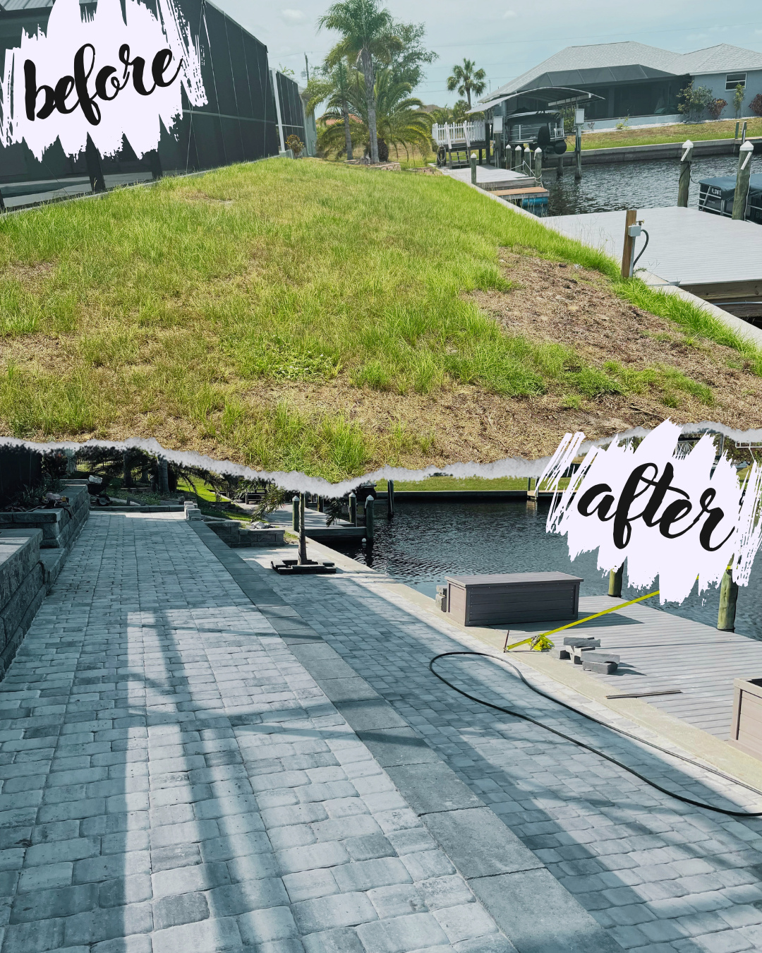 Collage of before and after images showing landscape renovation by a canal. The "before" image features a patchy grass area, and the "after" image displays a paved walkway next to the water.