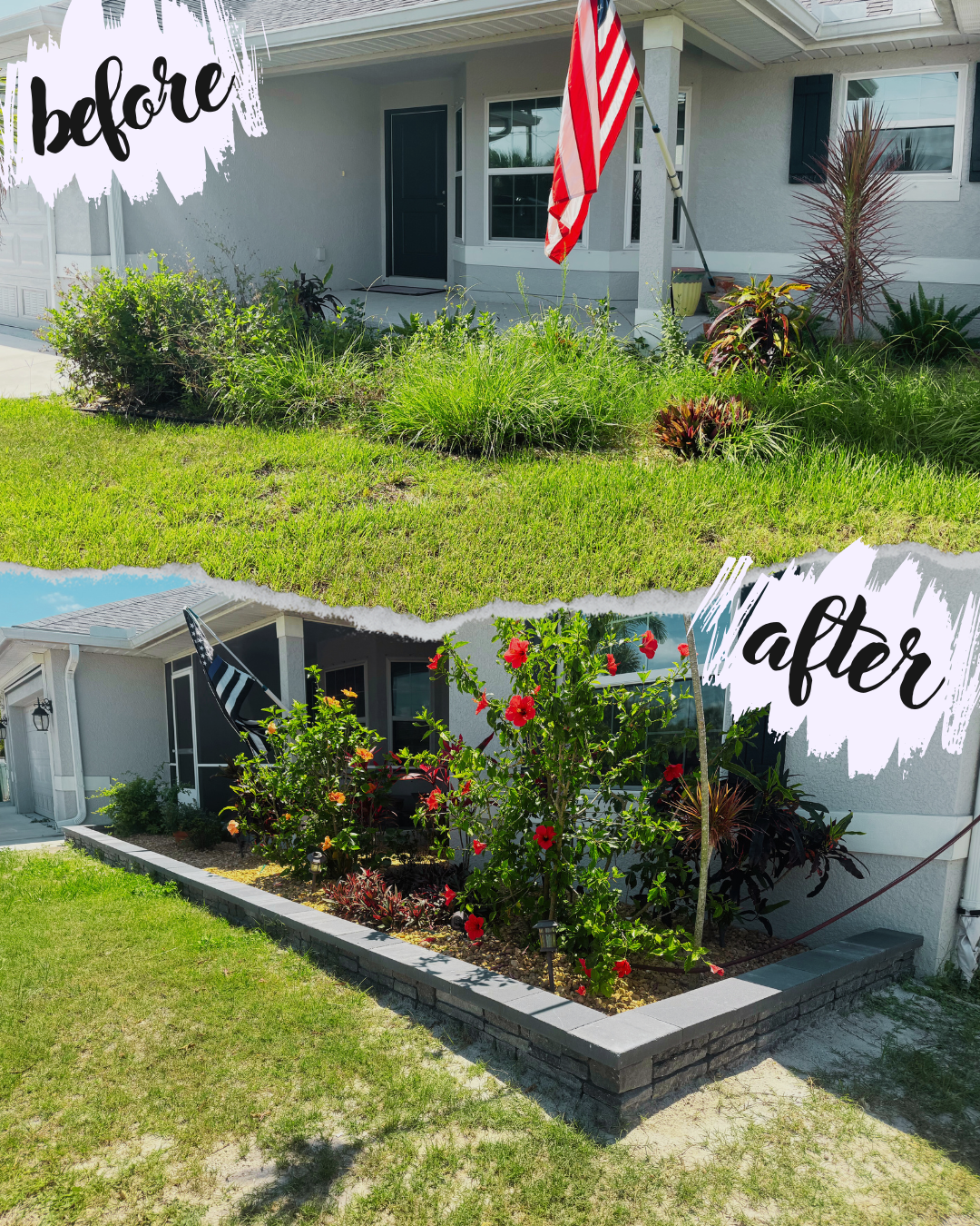 Before and after comparison of a garden renovation featuring improved landscaping with flowers and a stone border.