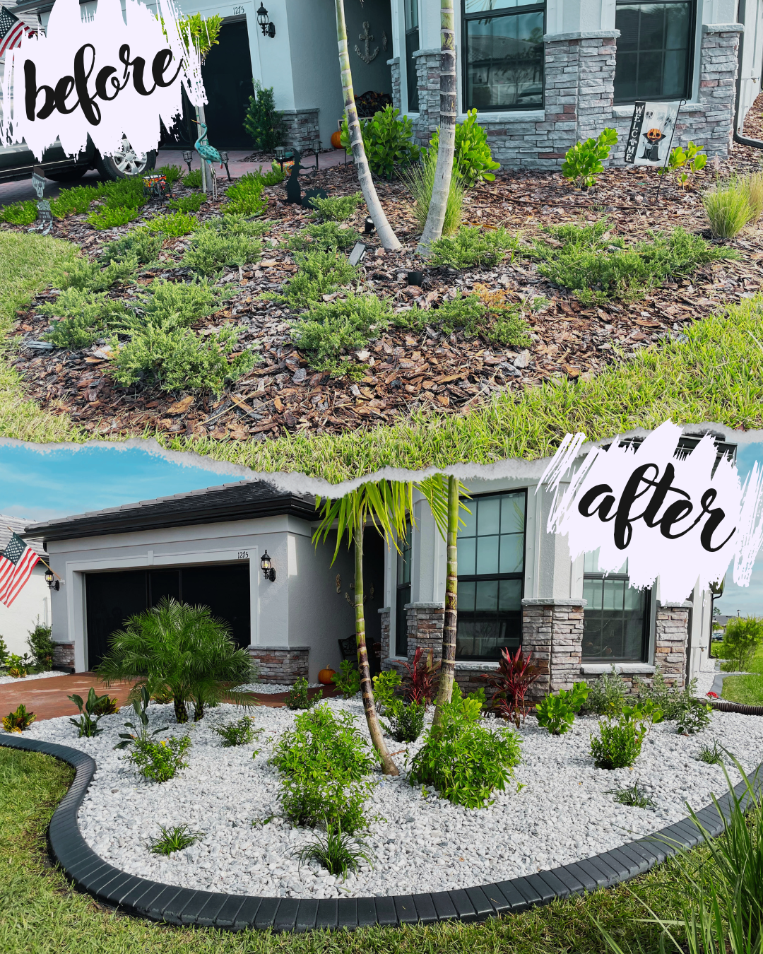 Before and after landscape makeover showing a front yard transformation. The "before" image features brown mulch and sparse vegetation. The "after" image displays a clean, manicured result with white stones, lush plants, and edging around a well-main