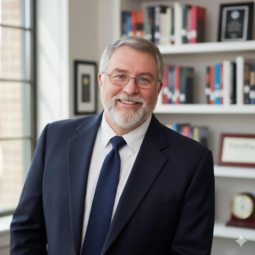 A smiling man in a navy suit, white shirt, and navy tie standing in front of a bookshelf with framed certificates and books in an office.