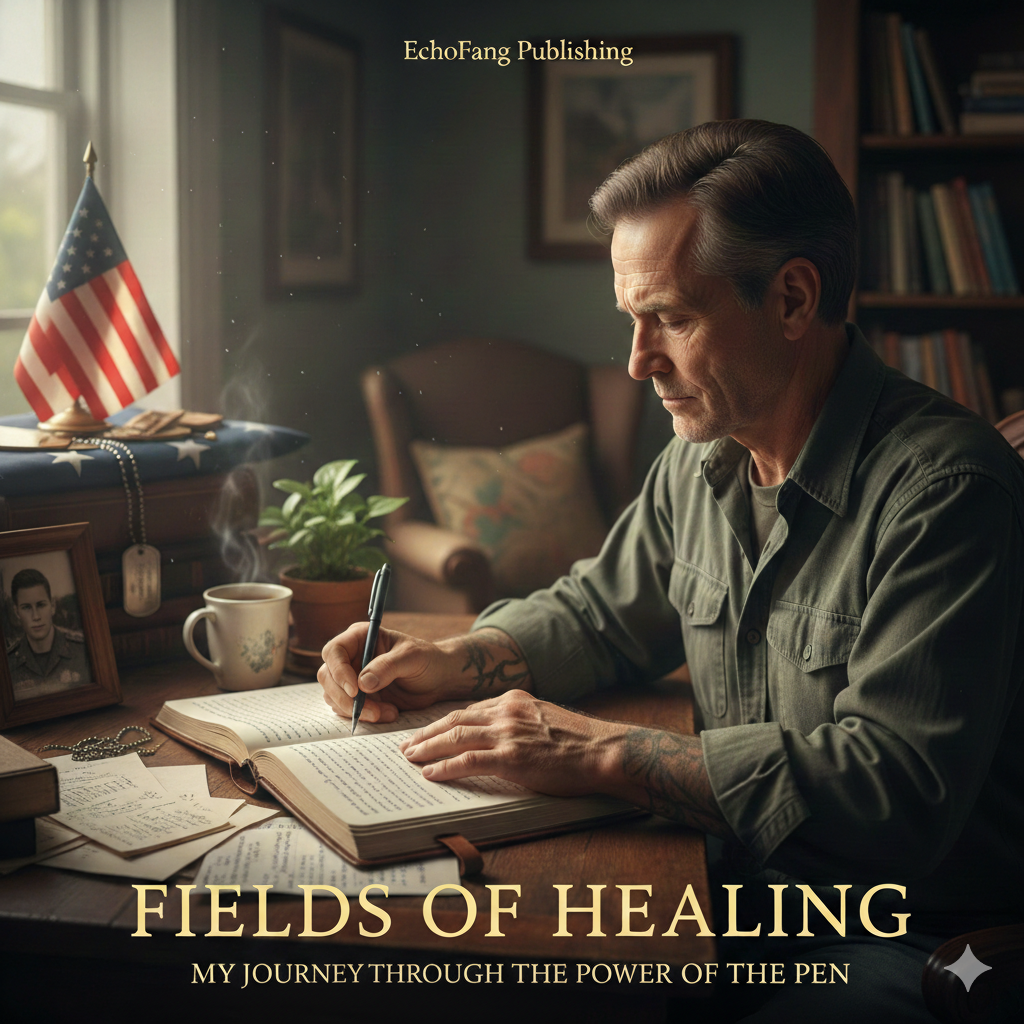 A middle-aged man with tattoos, sitting at a desk, writing in a notebook with a pen. The desk has papers, a photo in a frame, a mug, and a plant. An American flag is on a dresser behind him. The background shows a bookshelf and framed pictures, with natural light coming through a window.