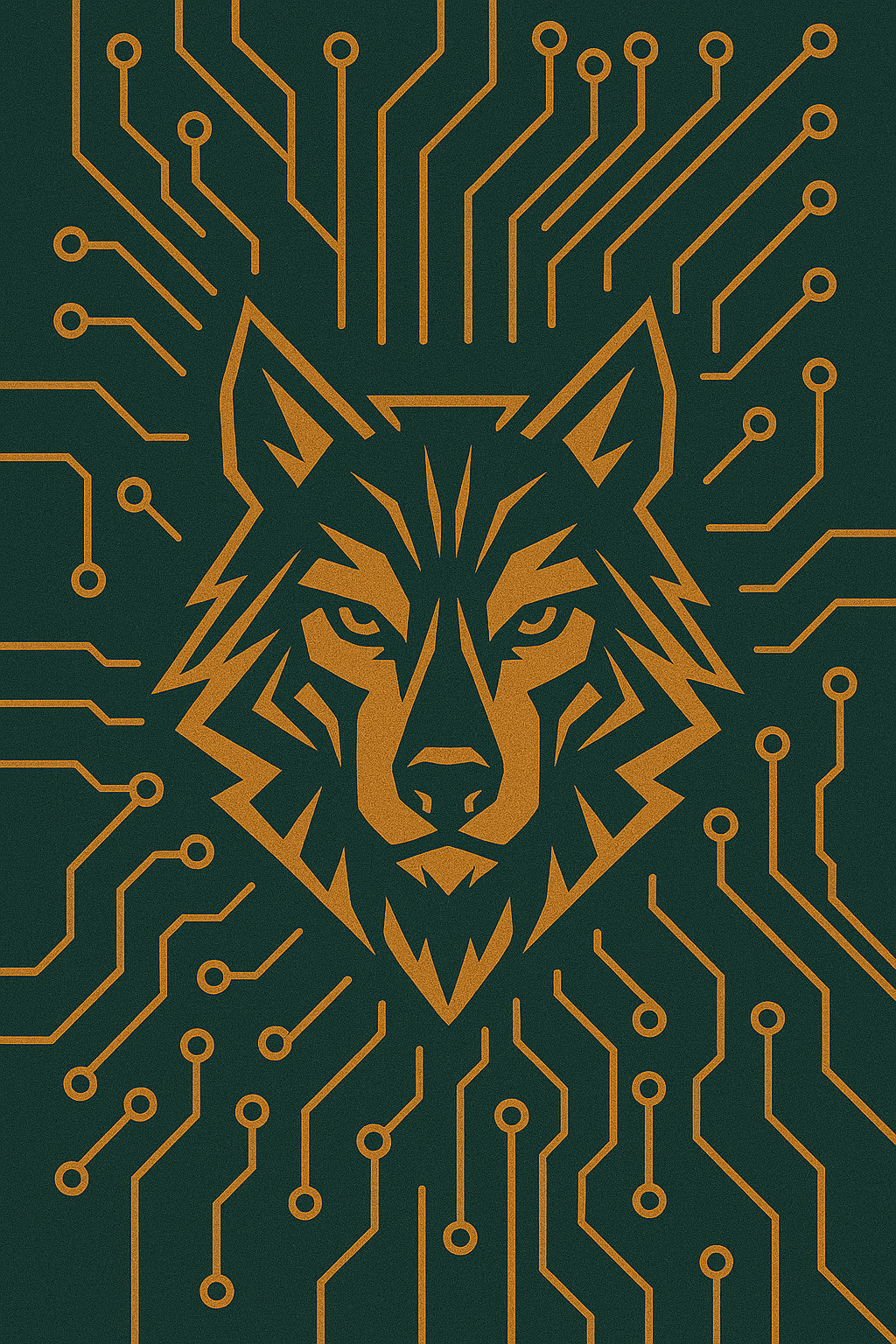 A stylized graphic of a wolf's face in gold against a dark background, with circuit board lines extending outward from the wolf's head.