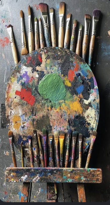 Paint palette with various colors and brushes on a painter's easel.