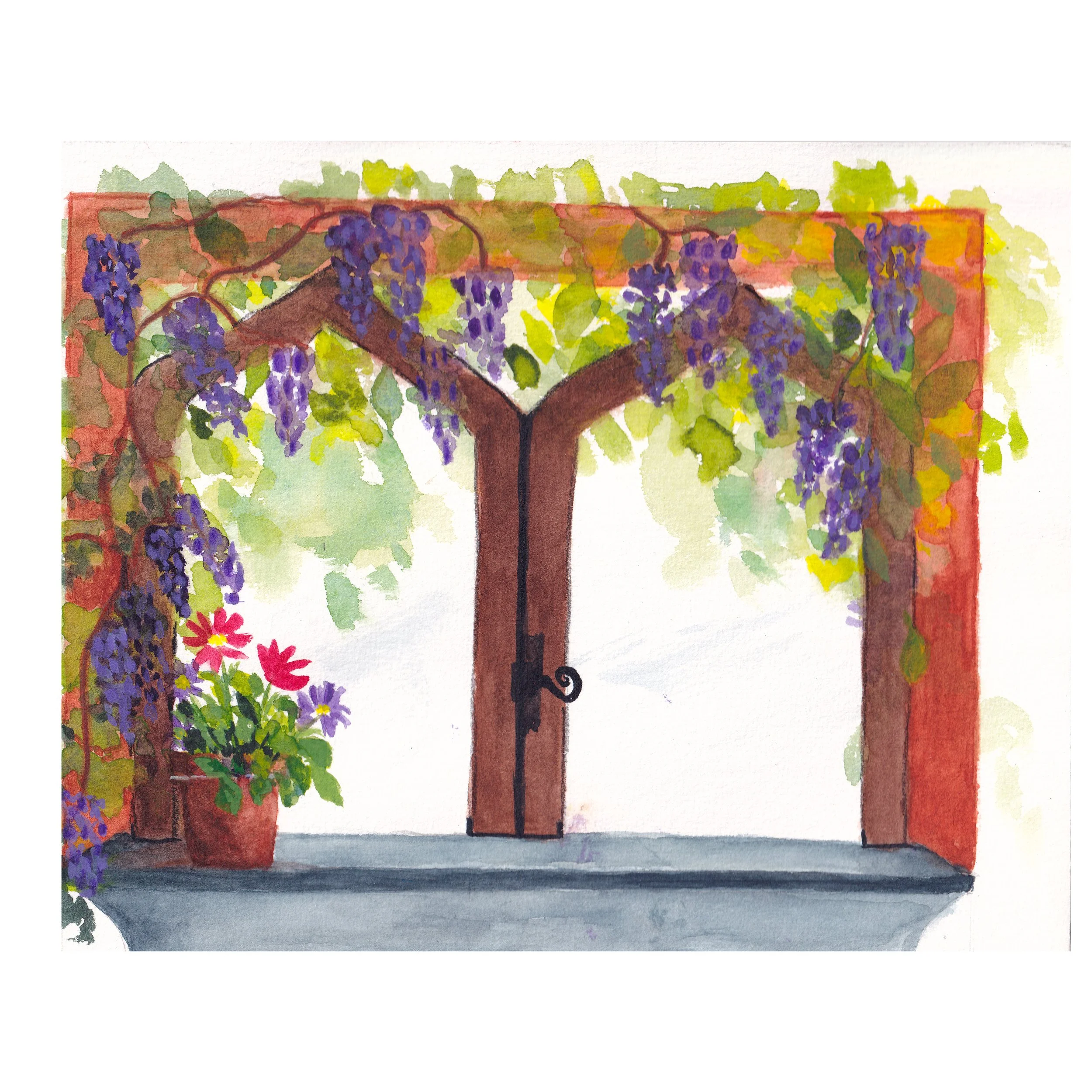 Aquarelle originale fenêtre fleurie