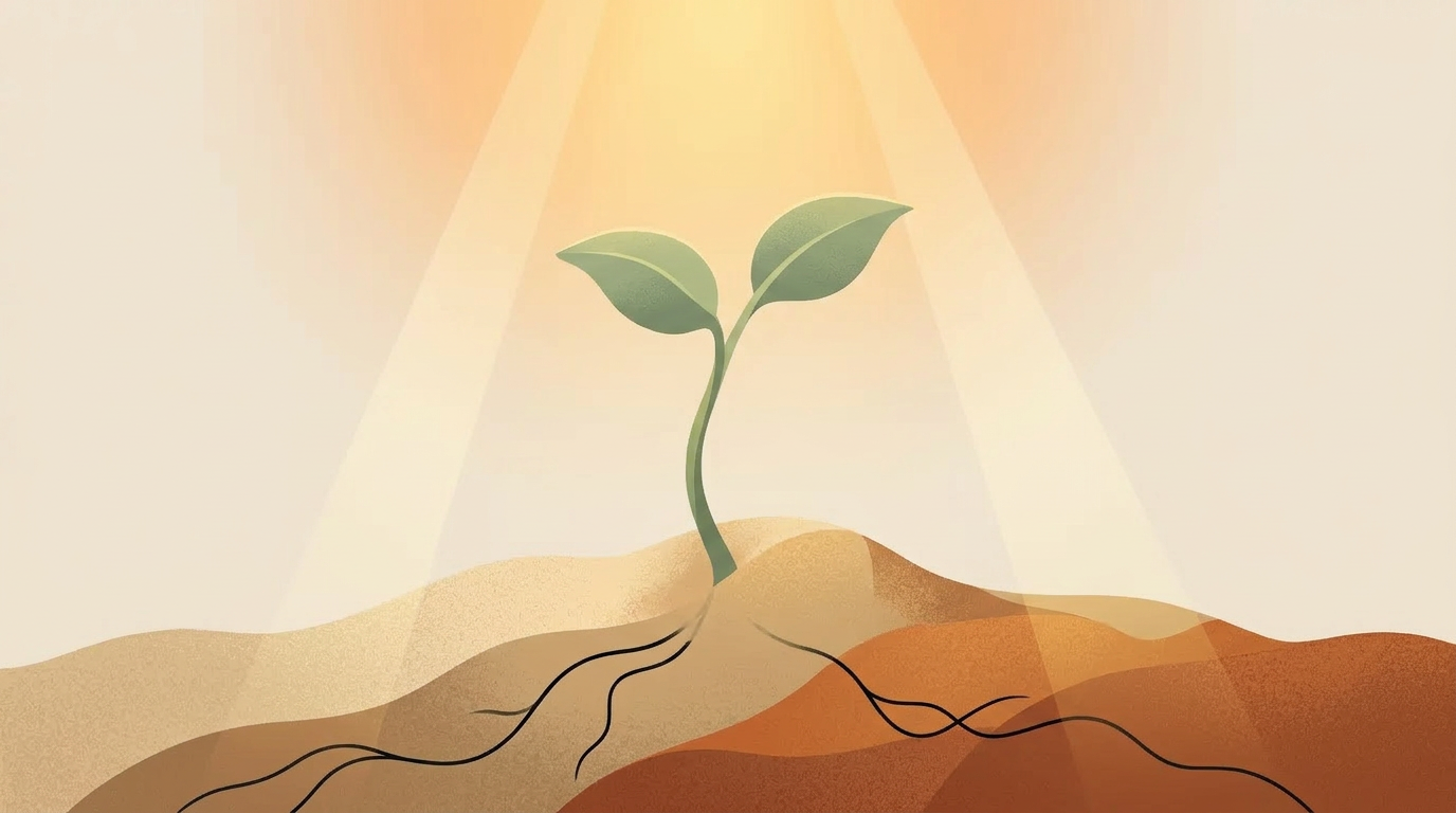 Ilustración de una planta joven creciendo en la tierra, iluminada por la luz solar.