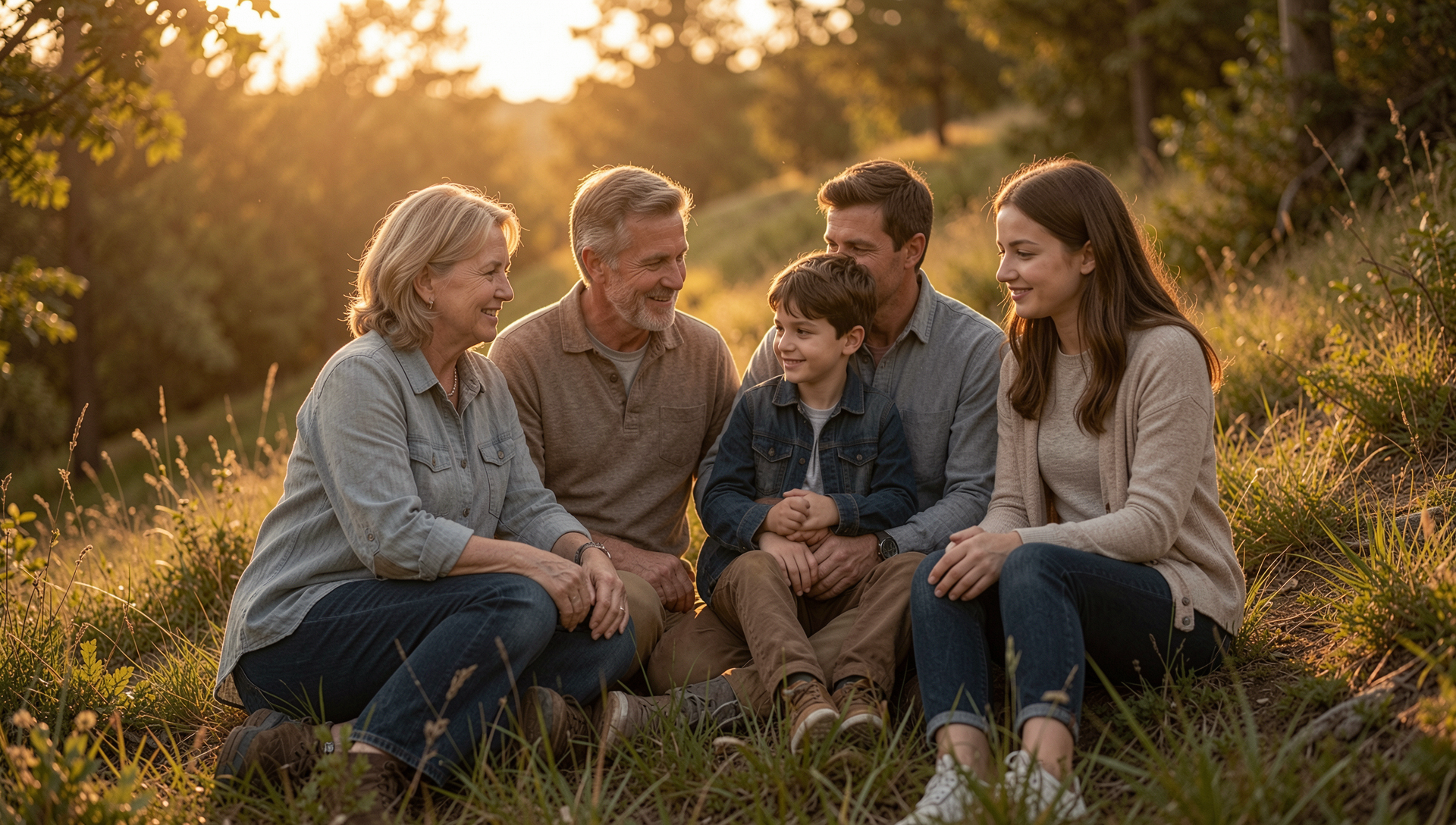 Familia de seis personas sonriendo y sentados en un campo con árboles al atardecer.