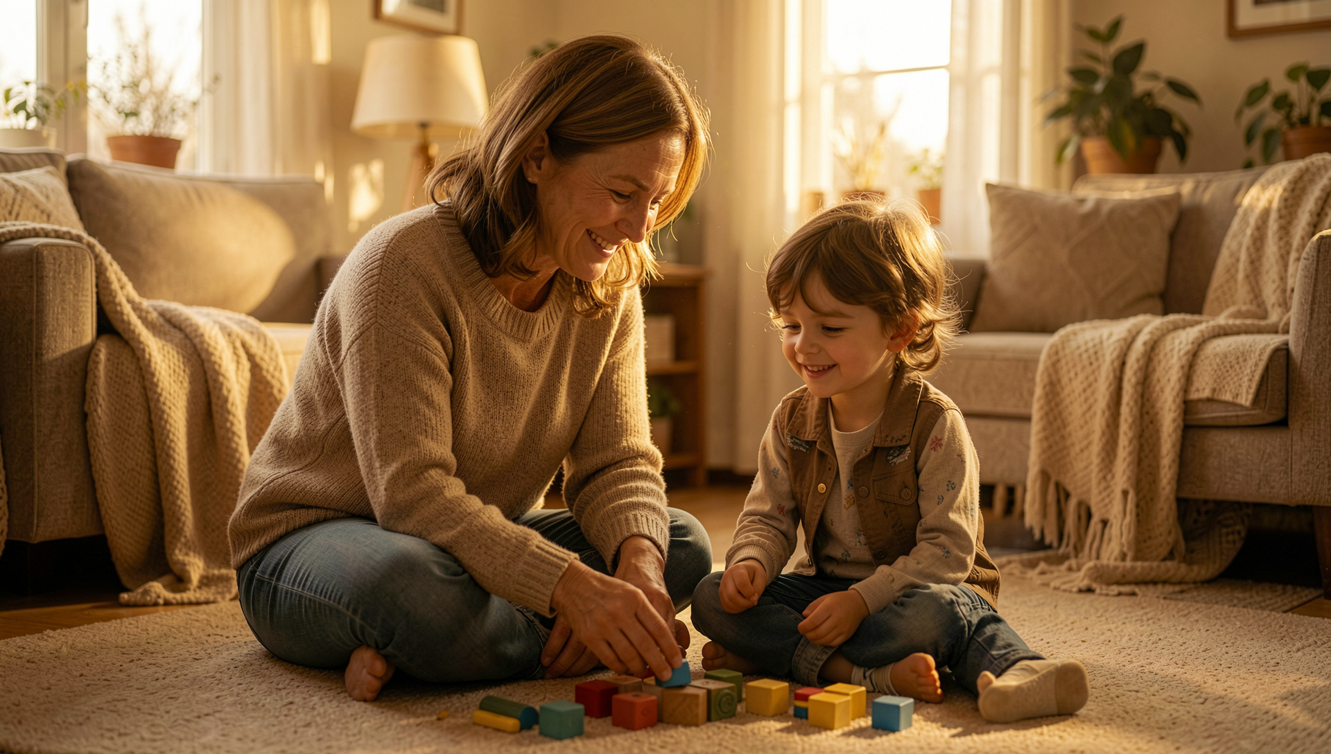 Niña y mujer jugando con bloques de madera en una sala con luz natural y decoraciones acogedoras.