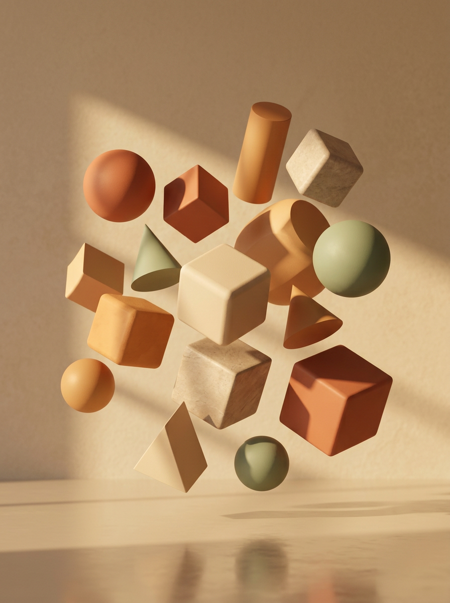 Varias figuras geométricas flotando, incluyendo cubos, esferas, conos y cilindros en colores tierra y pastel, con sombra y reflejo en un fondo neutro.