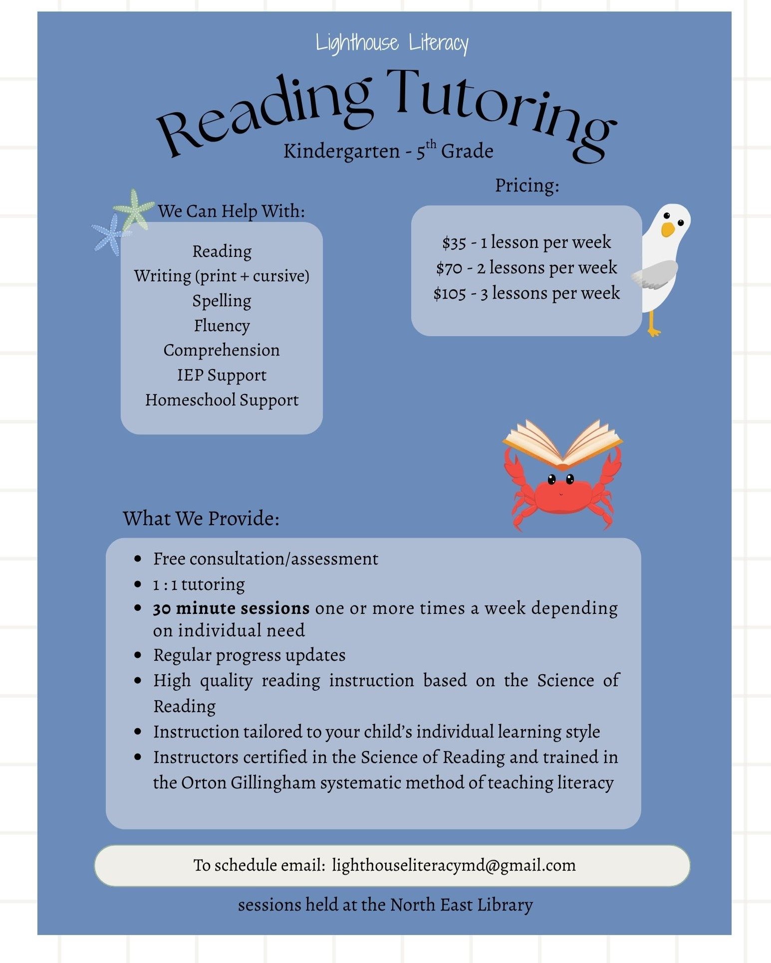 Currently scheduling for summer ☀️ reading sessions for students who:
&bull; are struggling with reading
&bull; need extra support
&bull; want to strengthen foundational skills
&bull; would benefit from explicit, structured instruction

Scheduling on