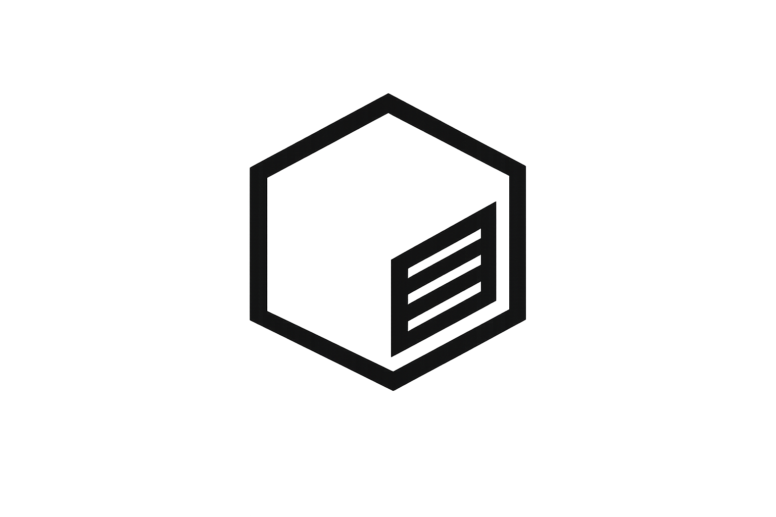 A black and white logo featuring a hexagon with a cube shape inside, which has three horizontal lines on one face.