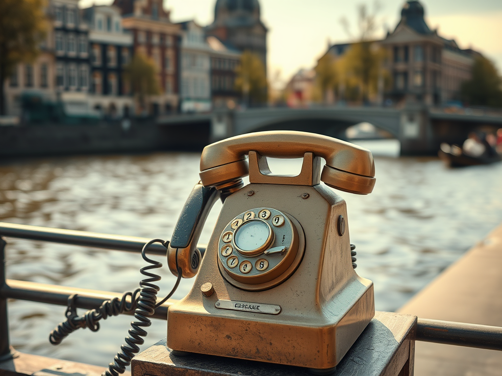 Antieke telefoniecel op een boot langs een rivier met historische gebouwen op de achtergrond.