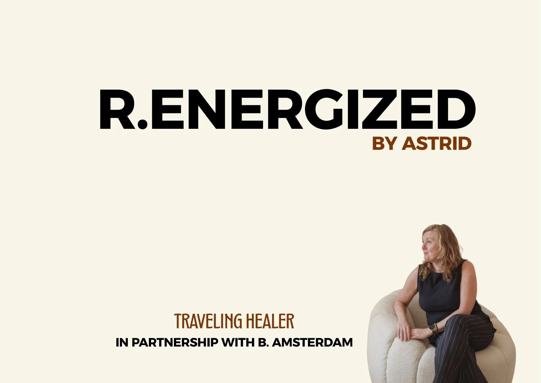 Boekomslag van R. Energized door Astrid, met een afbeelding van een vrouw zittend op een zachte stoel, gekleed in een zwart top en gestreepte broek, tegen een lichte achtergrond.