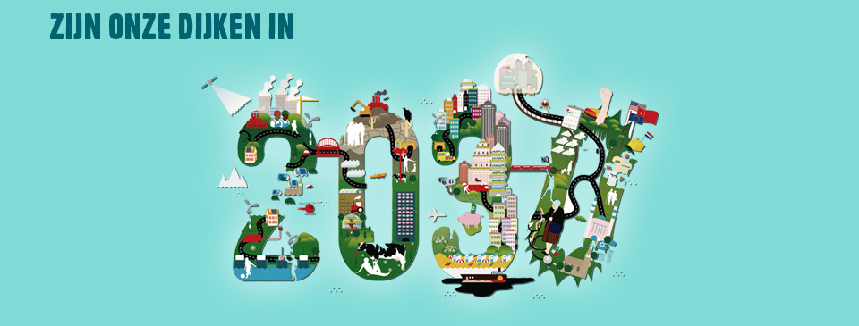 Illustratie van een stad en natuur die de Nederlandse echte Dijk vertegenwoordigen, met gebouwen, wegen, boten, windmolens, boeren, dieren en wateractiviteiten.