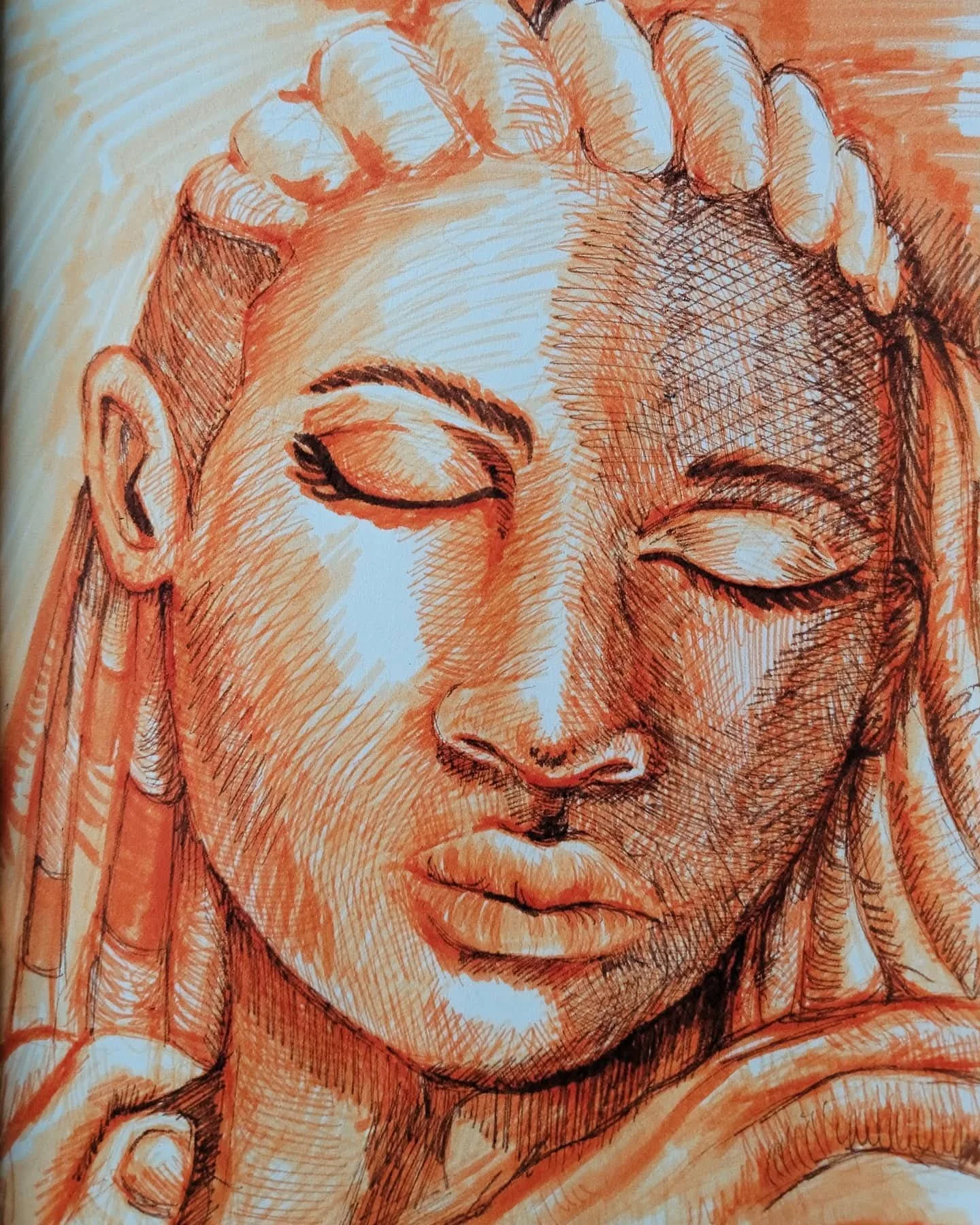 A detailed sketch of a woman with her eyes closed, resting her head on her hand, rendered in orange and black ink.
