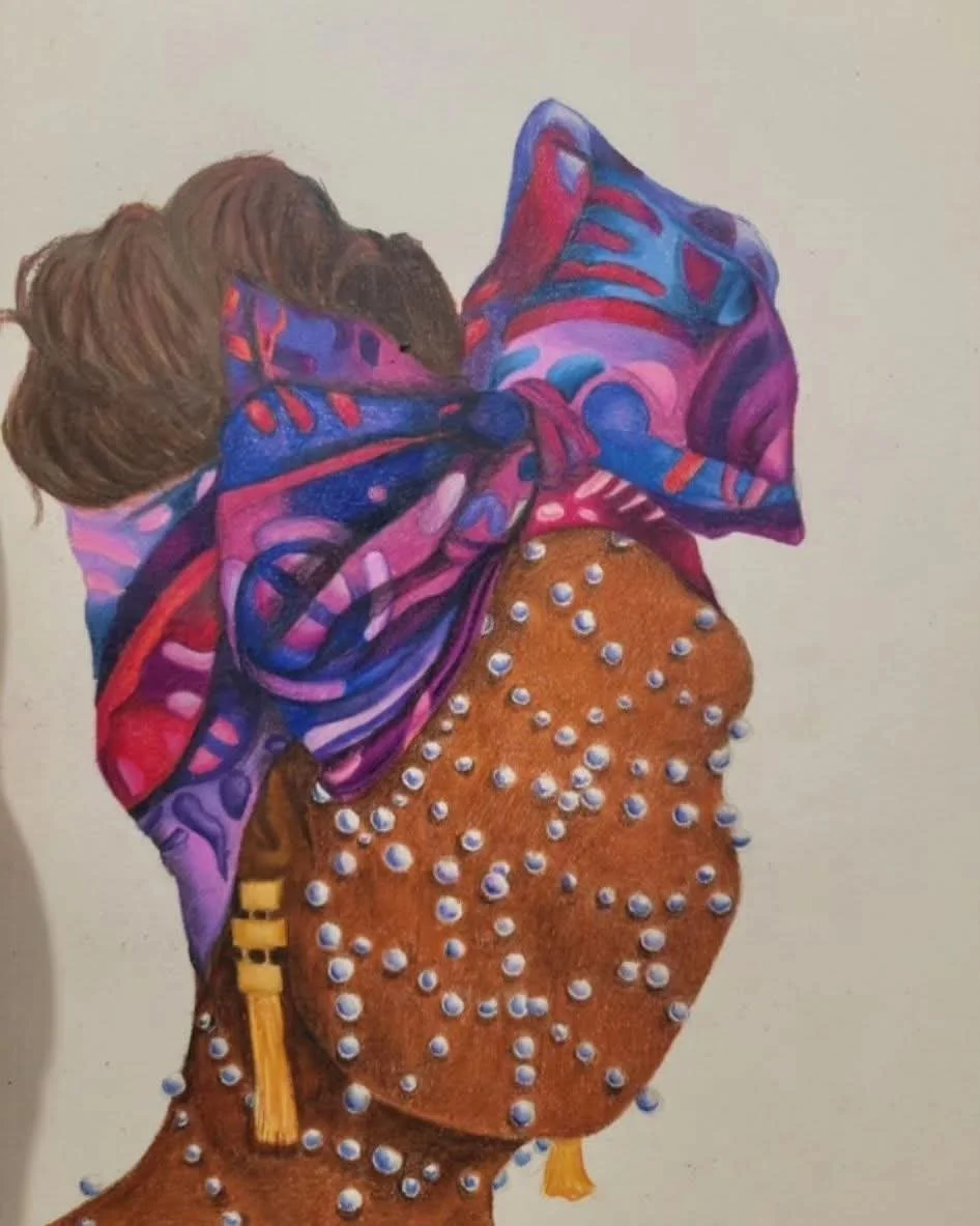 Colorful portrait of a woman with short hair, wearing a large purple and pink patterned bow on her head, and a brown sweater with pearl decorations.