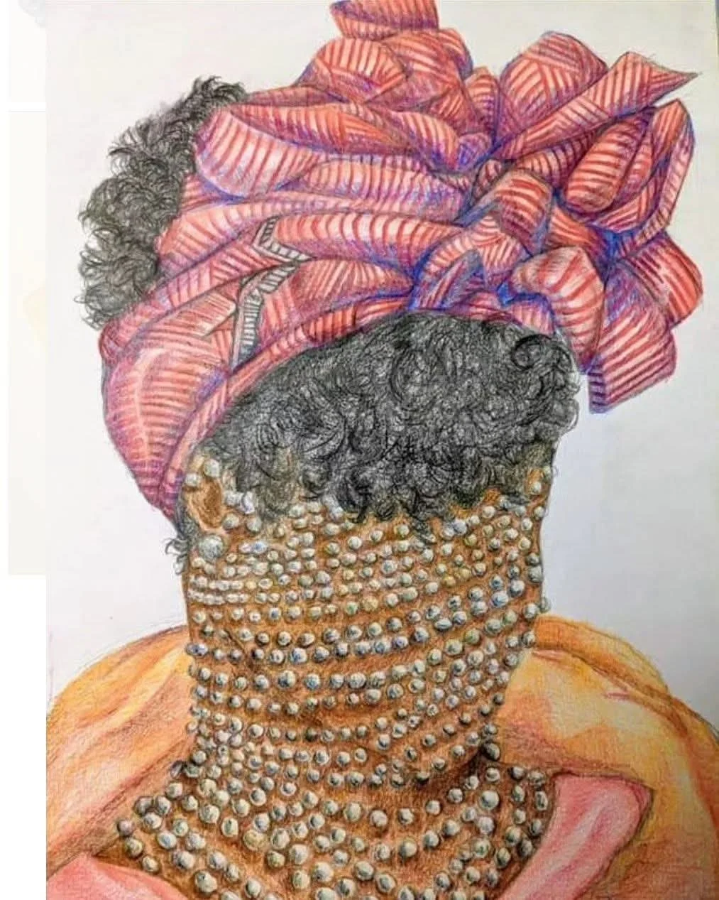 An artistic drawing of a person with curly hair wearing a large, colorful, pink, red, and purple ruffled head wrap, studded with pearl necklaces.