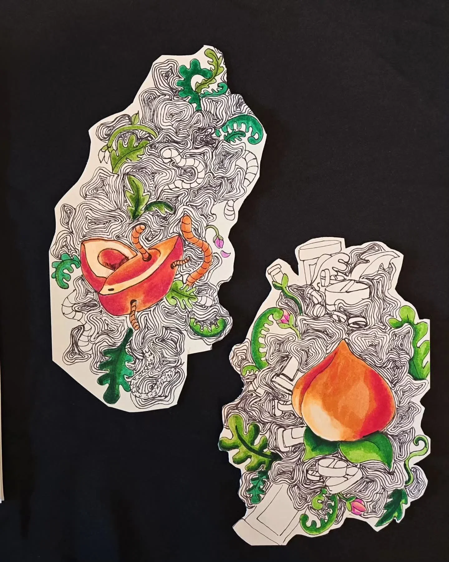 Colorful abstract drawings of plants and vegetables, including a peach, surrounded by intricate land or terrain patterns on paper cutouts.