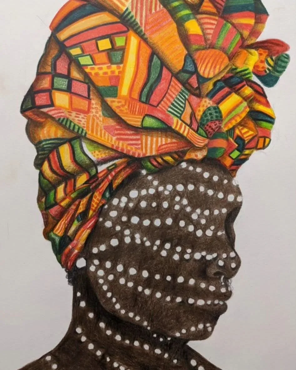 Portrait of a woman with dark skin, decorated with white dots, wearing a colorful patterned headwrap.