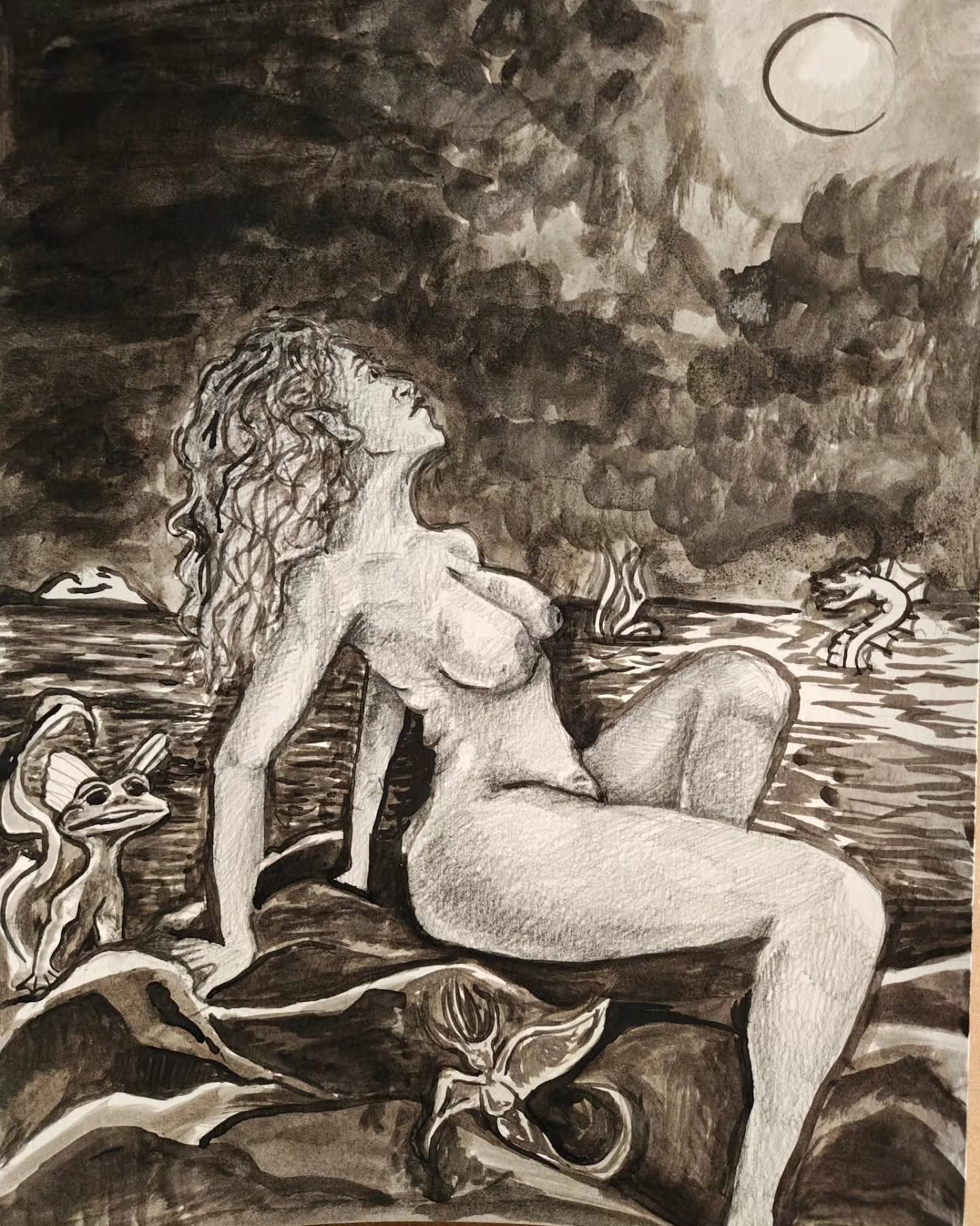 A black and white illustration of a nude woman with curly hair sitting on a rock near water, looking up at the sky where the moon is visible. In the background, there are trees, smoke, a serpent, and a frog.