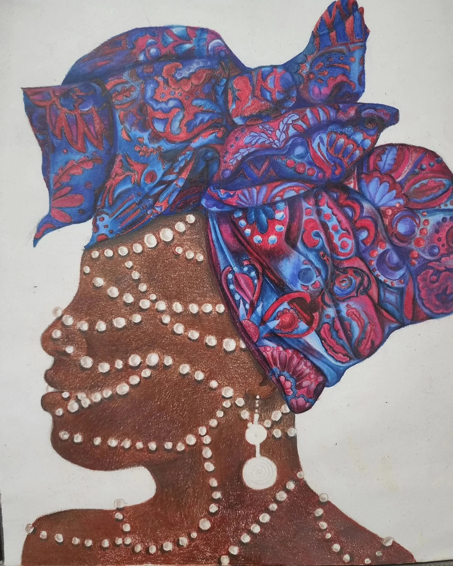Artistic depiction of a silhouette of a woman's profile adorned with white dotted jewelry. The silhouette is filled with a pattern of white dots. Above her head, abstract, colorful fabric with intricate designs in shades of blue, red, and purple appe