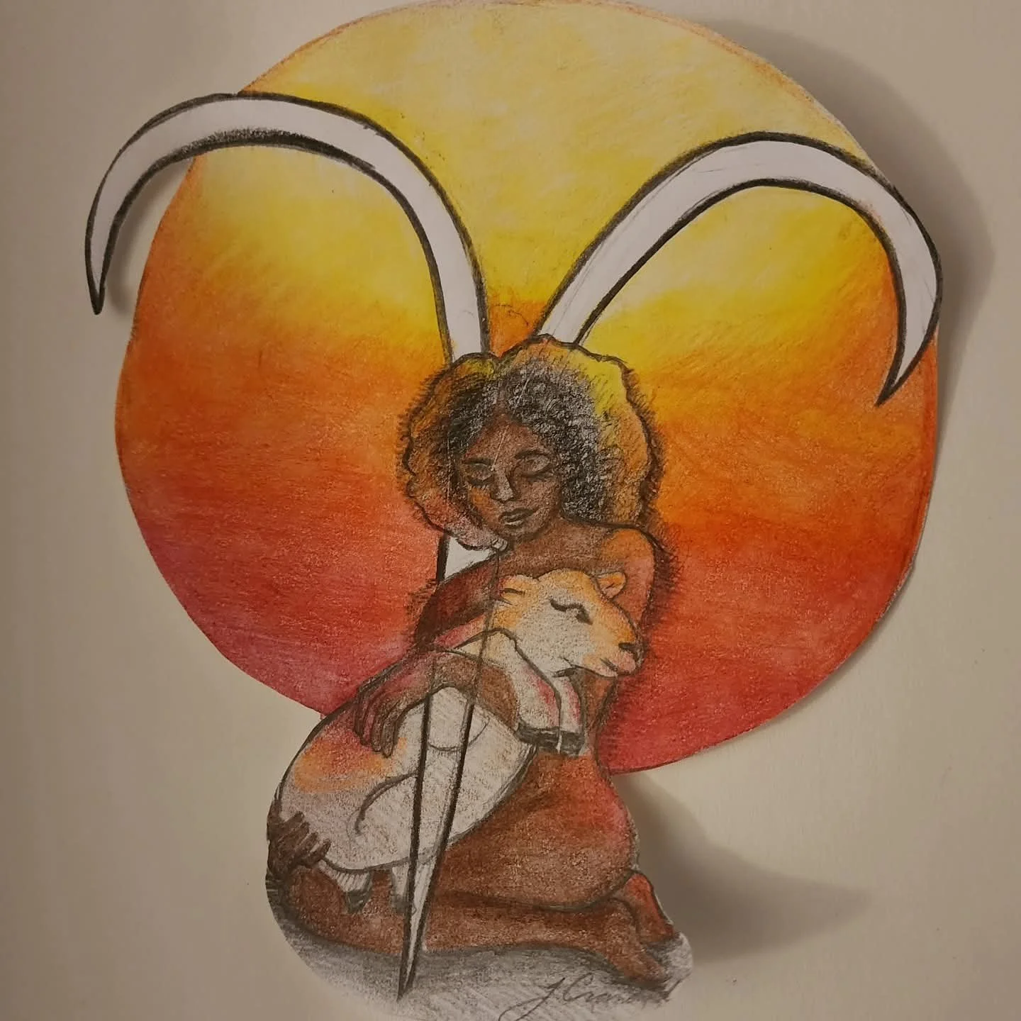 A hand-drawn illustration of a woman with curly hair and a lion, set against a large, gradient orange to yellow background. The woman appears embracing the lion, with a peaceful expression. The background shape resembles the silhouette of a heart or 