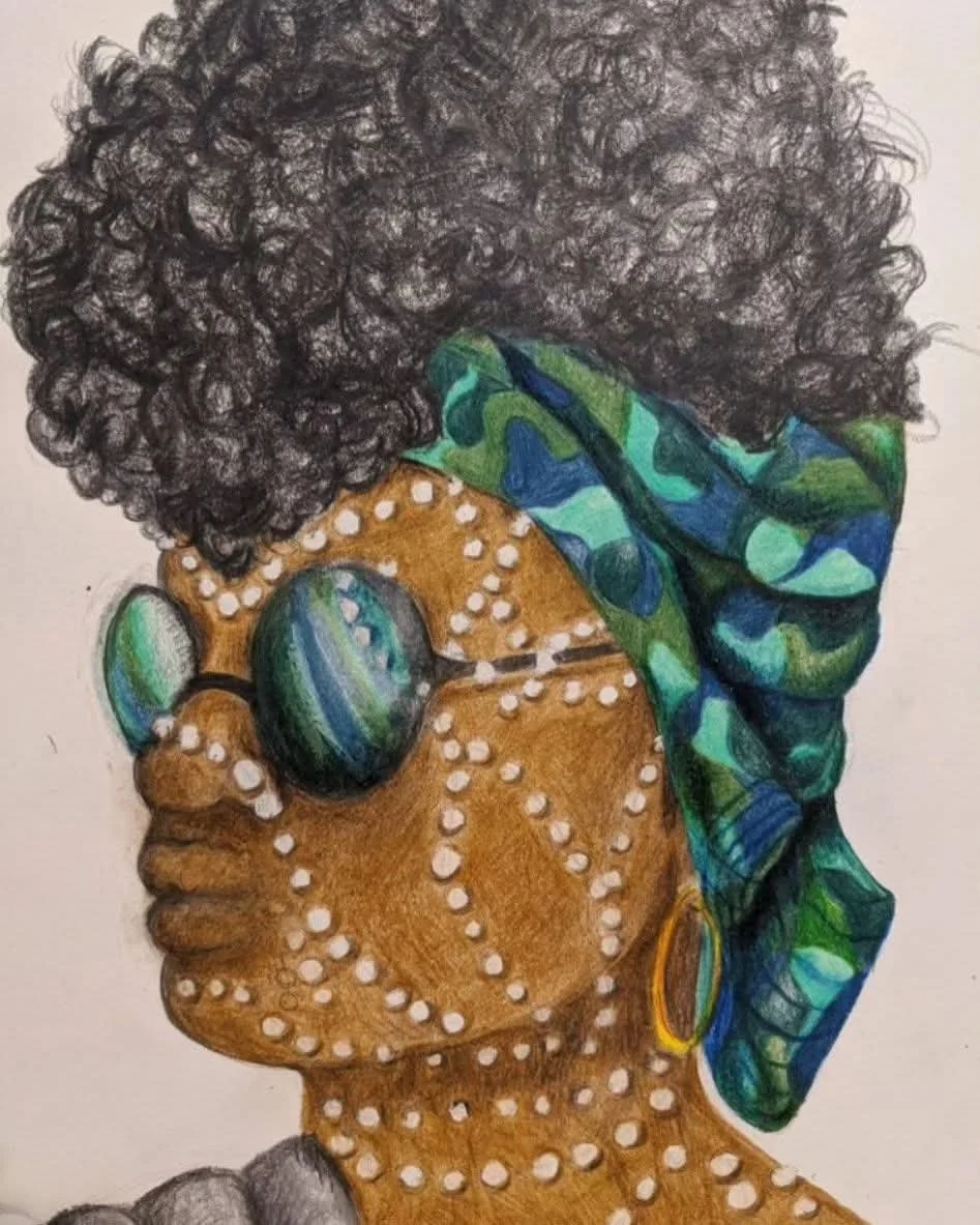 Colorful illustration of a woman with curly hair, wearing round sunglasses, a patterned headscarf, and multiple pearl necklaces.