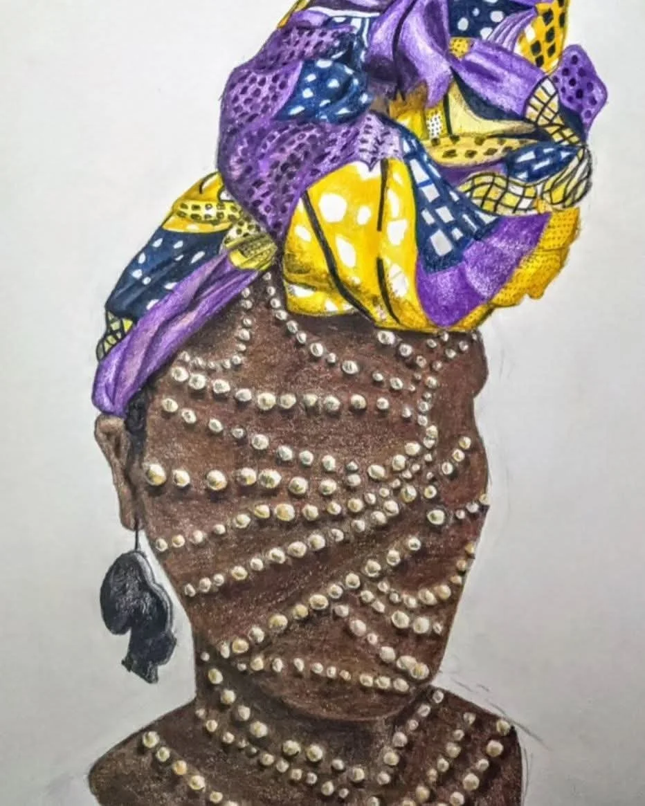 Drawing of a woman with her head wrapped in a colorful purple, yellow, and blue cloth, and her face decorated with white beads or pearls, wearing earrings.