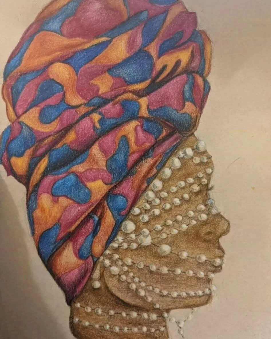 Colorful portrait of a woman wearing a headscarf with bright, multicolored patterns and pearls draped around her face and neck, in a side profile view.