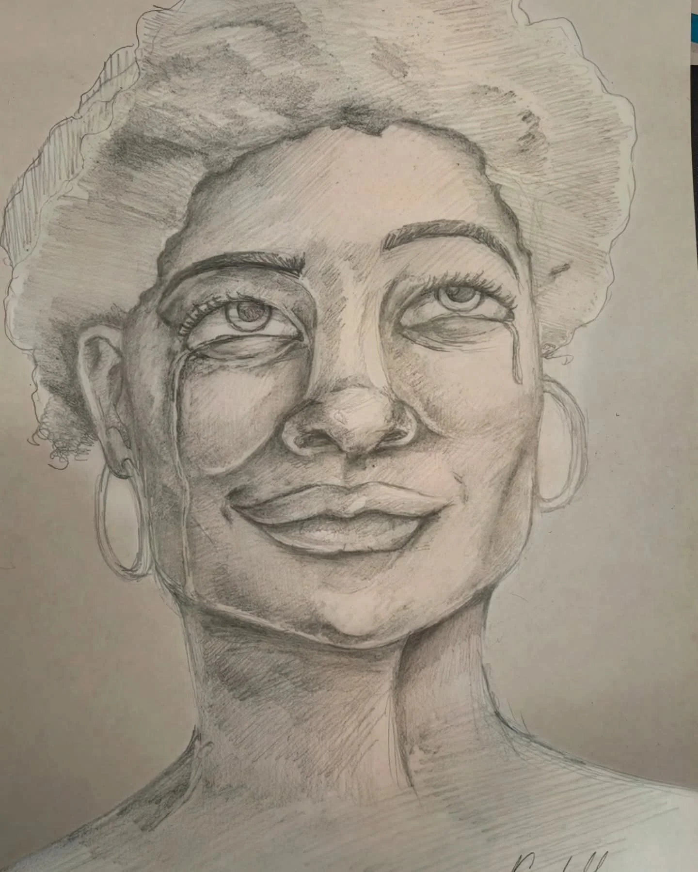 A pencil sketch drawing of a smiling woman with curly hair, wearing hoop earrings, and with tears rolling down her face.