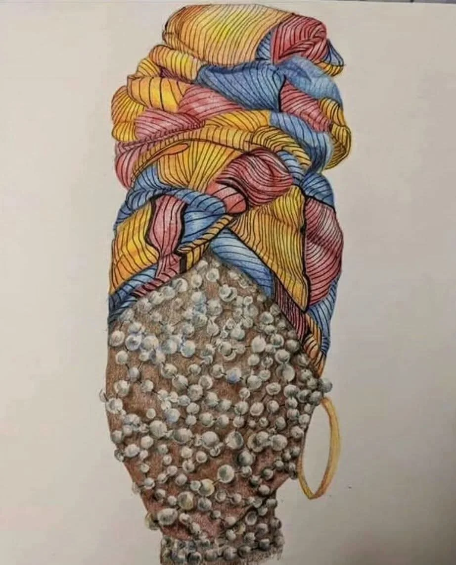 Drawing of a person with a head made of small, round objects, wearing a colorful, patterned headscarf, and a large earring.