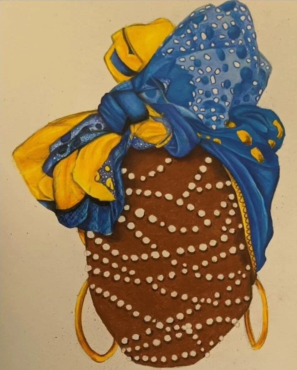 Painting of a woman's head wrapped in a blue and yellow headscarf with white polka dots, large yellow hoop earrings, and a beaded necklace. The background is plain.