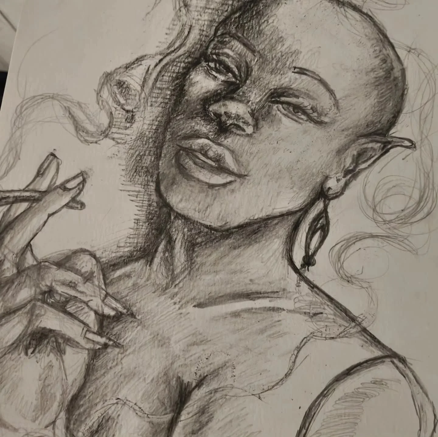 A detailed pencil sketch of a woman with pointed elf-like ears, long earrings, and wavy hair. She has a confident expression, with her tongue slightly out and her middle finger raised.