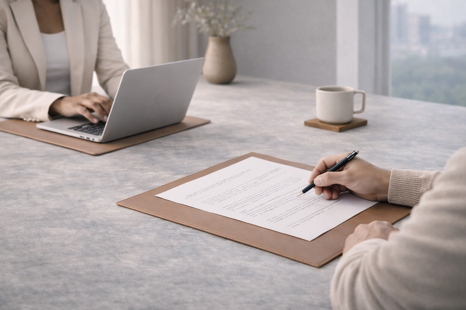 Two people at a table with documents, one is writing and the other is using a laptop, with a coffee mug and a plant in the background.